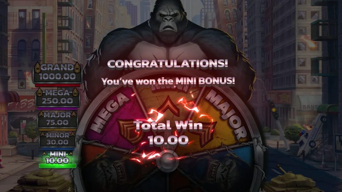 O gorila colossal de Primal Rampage em um cenário de selva com ruínas antigas.